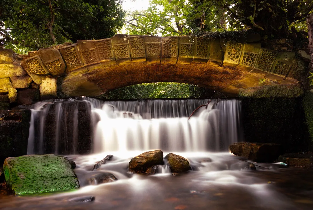 a bride over a small water fall in a forest